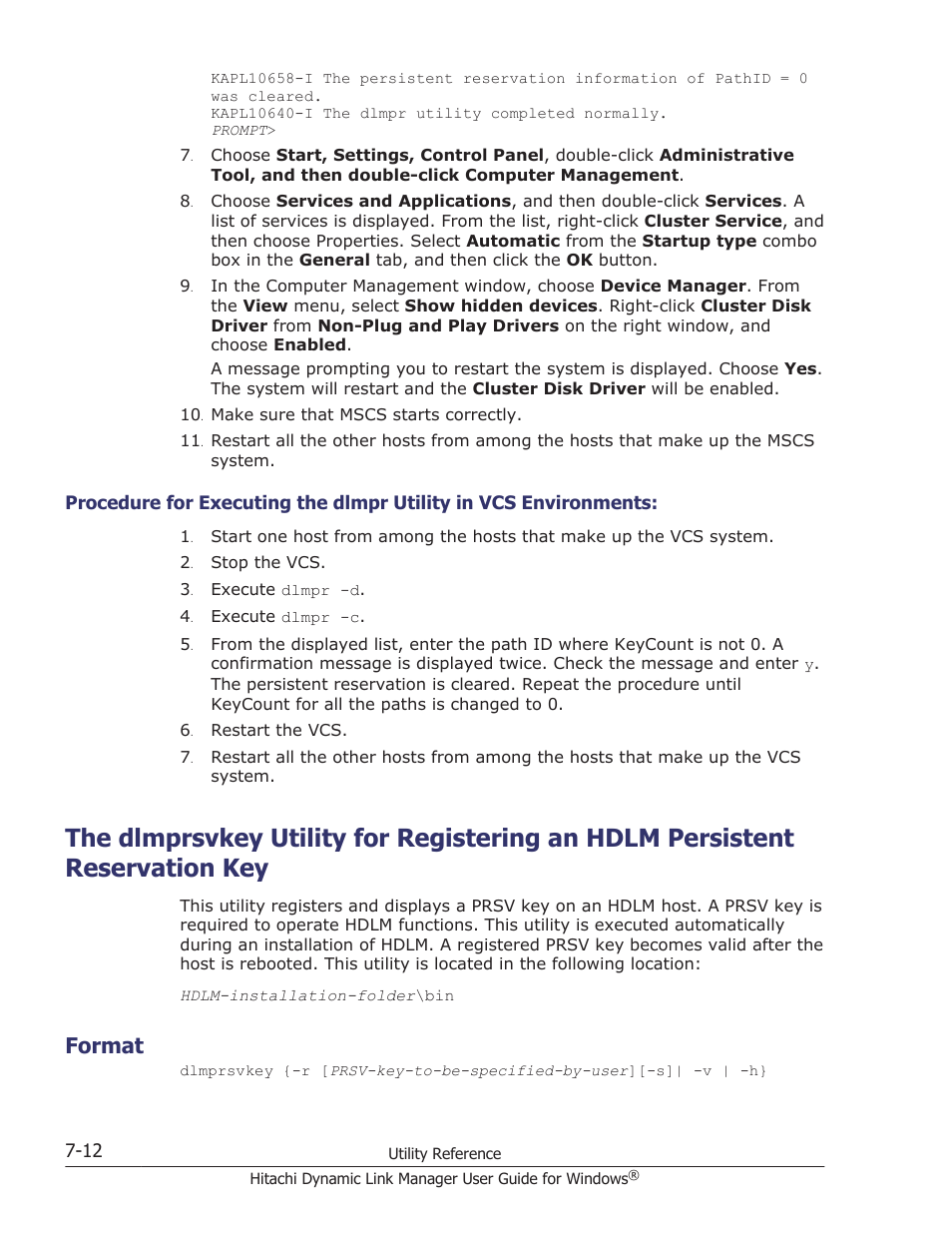 Format, Format -12, Utility, see | The dlmprsvkey, The dlmprsvkey utility for registering an hdlm | HP XP P9500 Storage User Manual | Page 276 / 440