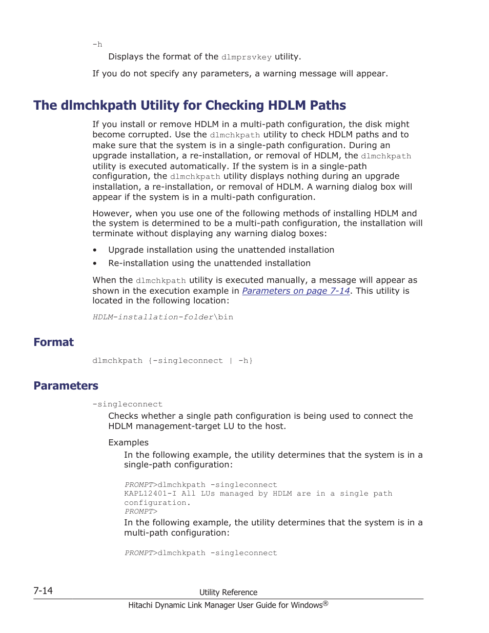 The dlmchkpath utility for checking hdlm paths, Format, Parameters | The dlmchkpath utility for checking hdlm paths -14, Format -14, Parameters -14, The dlmchkpath utility for, The dlmchkpath utility for checking hdlm, Utility, see | HP XP P9500 Storage User Manual | Page 278 / 440