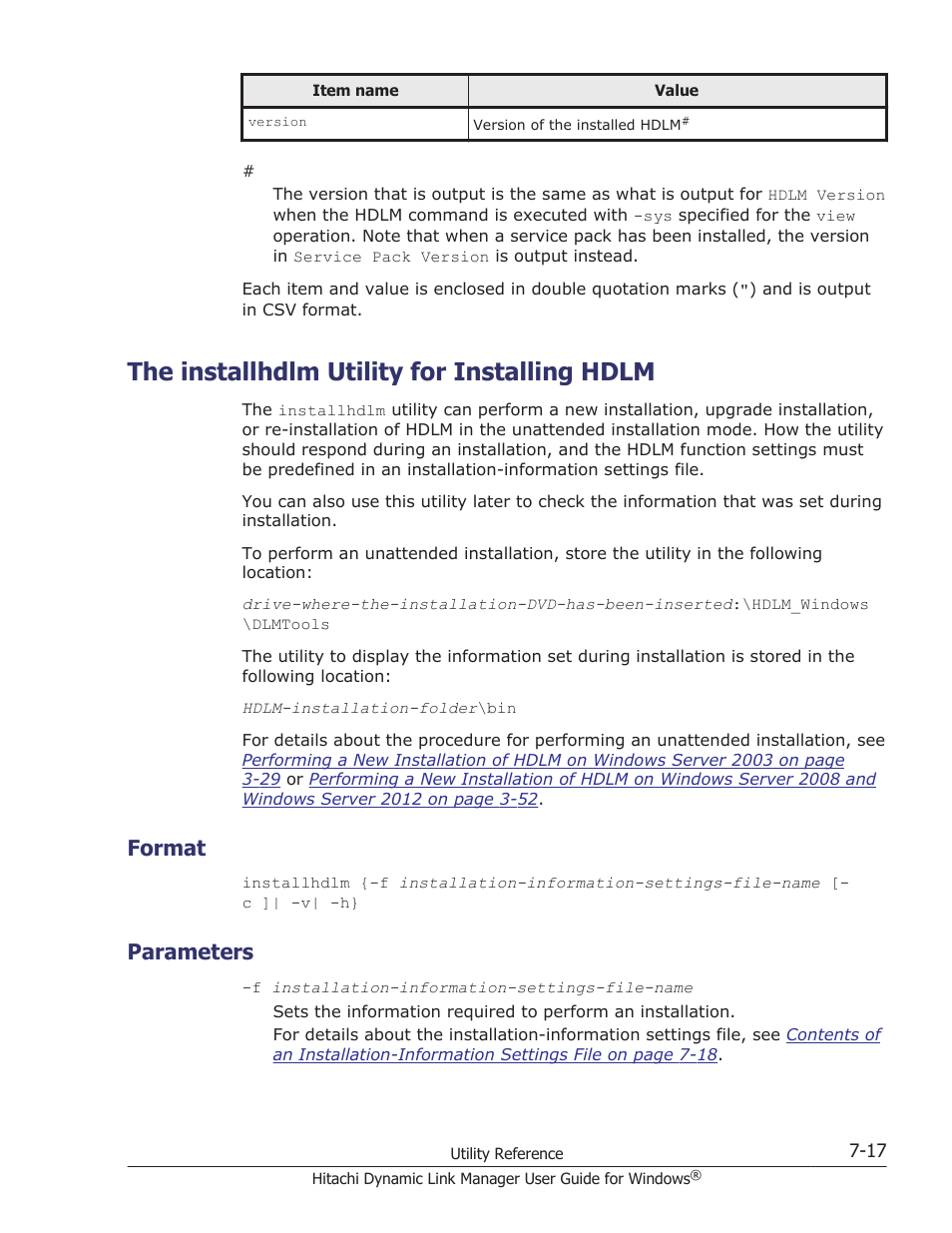 The installhdlm utility for installing hdlm, Format, Parameters | The installhdlm utility for installing hdlm -17, Format -17, Parameters -17, Utility, see, The installhdlm utility for installing, The installhdlm utility for installing hdlm on | HP XP P9500 Storage User Manual | Page 281 / 440