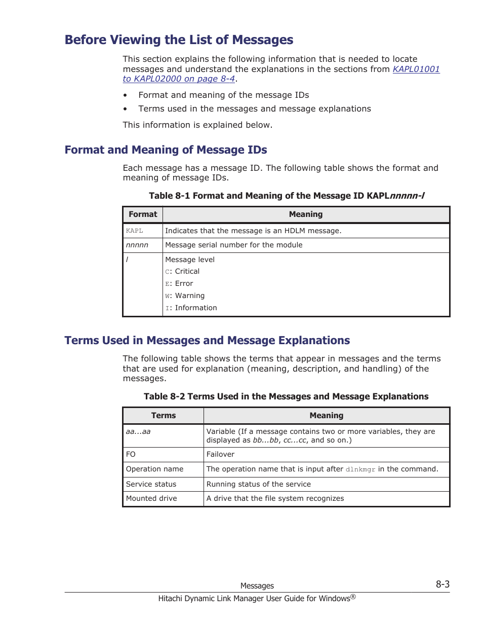 Before viewing the list of messages, Format and meaning of message ids, Terms used in messages and message explanations | Before viewing the list of messages -3, Format and meaning of message ids -3, Terms used in messages and message explanations -3 | HP XP P9500 Storage User Manual | Page 295 / 440