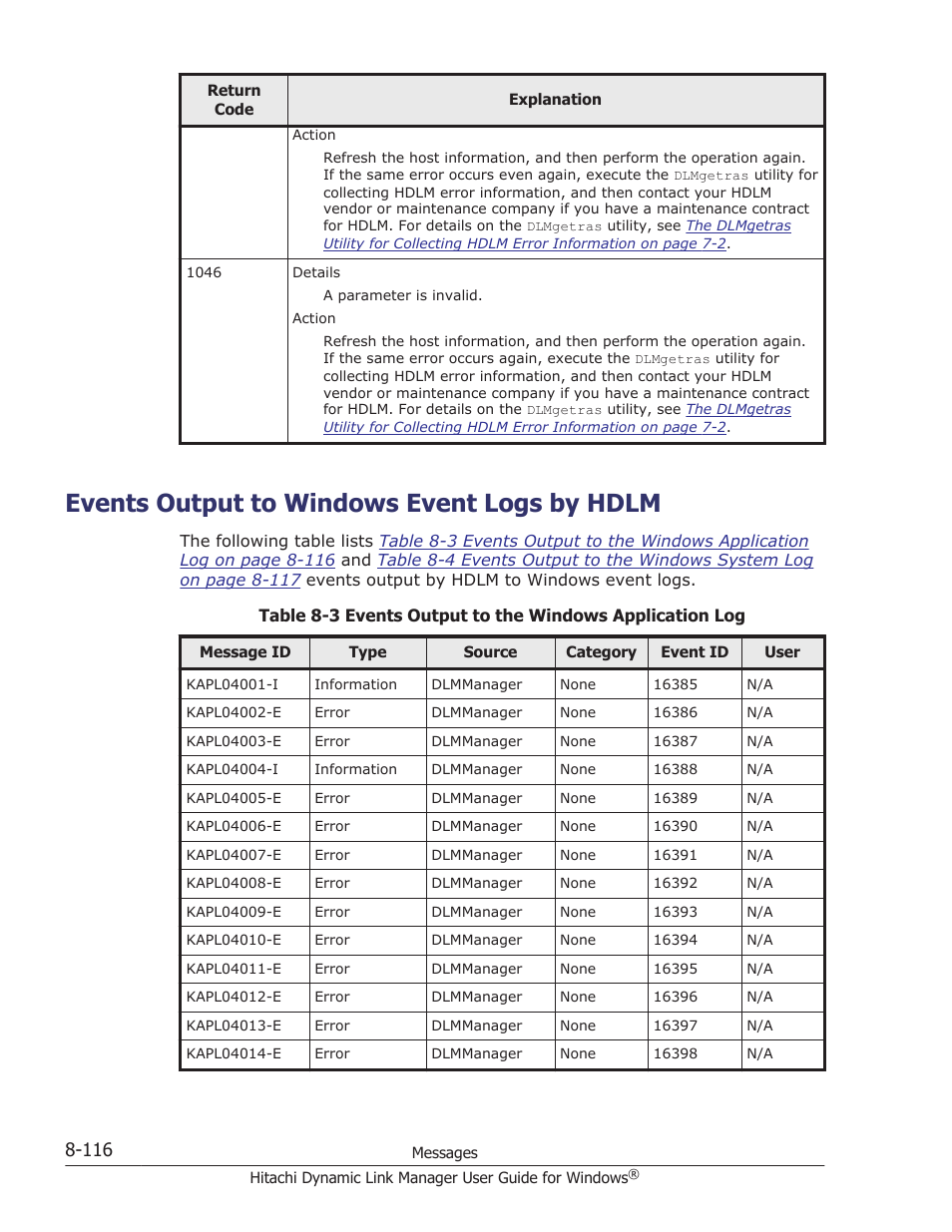 Events output to windows event logs by hdlm, Events output to windows event logs by hdlm -116 | HP XP P9500 Storage User Manual | Page 408 / 440