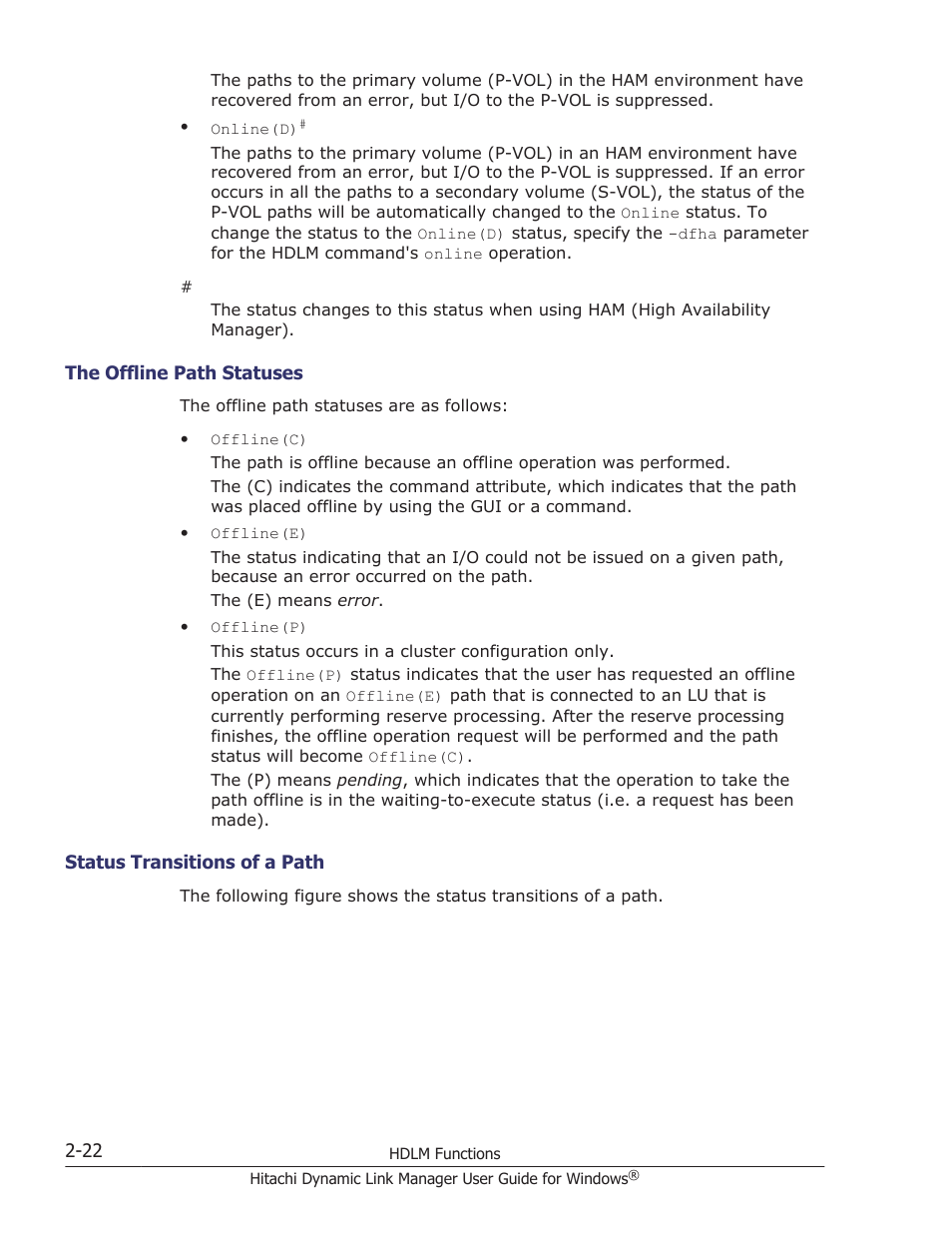 The offline path statuses -22, Status transitions of a path -22 | HP XP P9500 Storage User Manual | Page 42 / 440