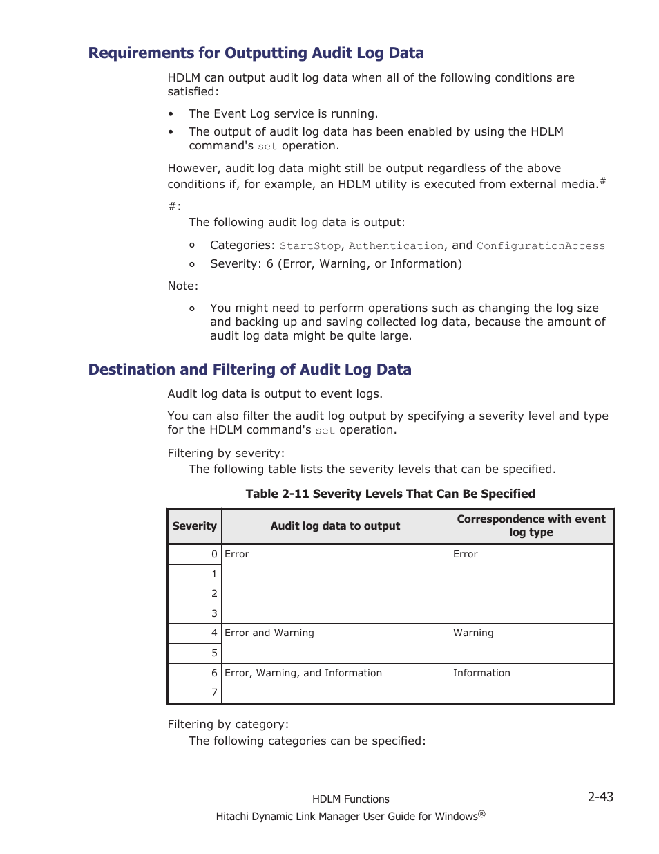 Requirements for outputting audit log data, Destination and filtering of audit log data, Requirements for outputting audit log data -43 | Destination and filtering of audit log data -43 | HP XP P9500 Storage User Manual | Page 63 / 440