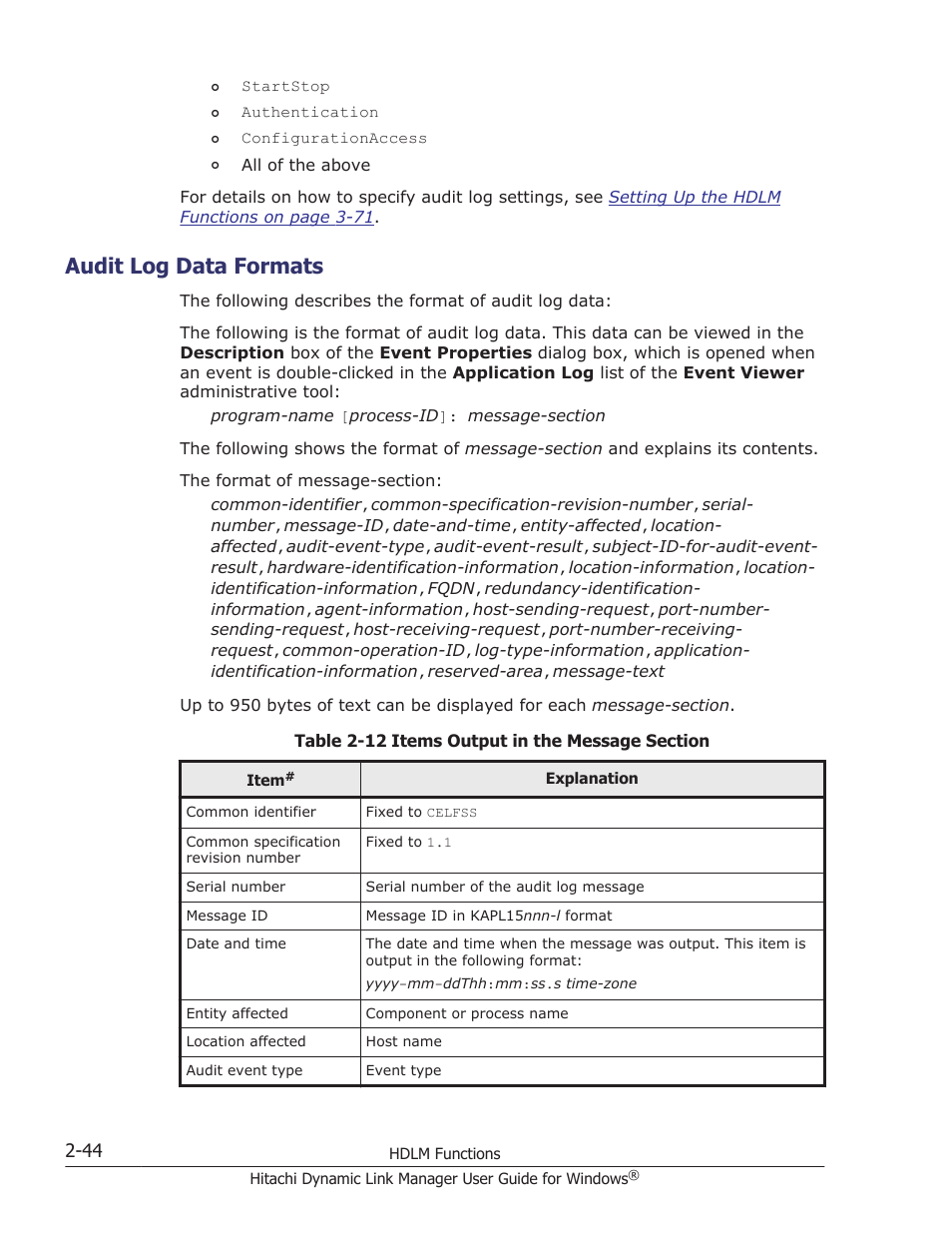 Audit log data formats, Audit log data formats -44 | HP XP P9500 Storage User Manual | Page 64 / 440