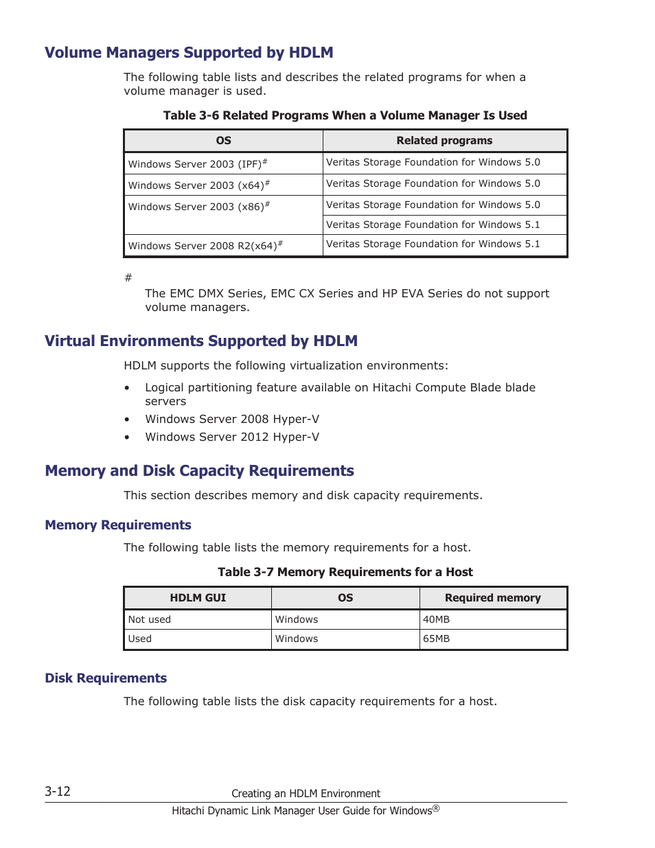 Volume managers supported by hdlm, Virtual environments supported by hdlm, Memory and disk capacity requirements | Volume managers supported by hdlm -12, Virtual environments supported by hdlm -12, Memory and disk capacity requirements -12, Memory requirements -12, Disk requirements -12 | HP XP P9500 Storage User Manual | Page 80 / 440