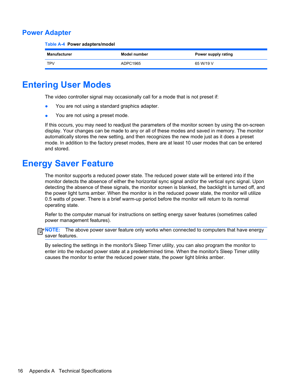 Power adapter, Entering user modes, Energy saver feature | Entering user modes energy saver feature | HP ENVY 24 23.8-inch Diagonal IPS Monitor with Beats Audio User Manual | Page 22 / 22