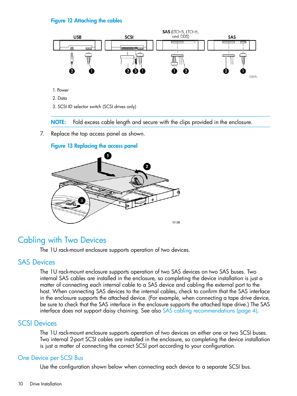 Cabling with two devices, Sas devices, Scsi devices | One device per scsi bus, Sas devices scsi devices | HP StoreEver Rack-mount Kits User Manual | Page 10 / 25
