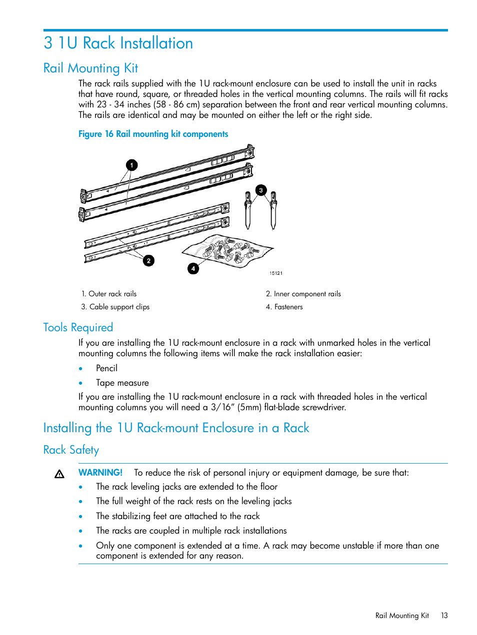 3 1u rack installation, Rail mounting kit, Tools required | Installing the 1u rack-mount enclosure in a rack, Rack safety | HP StoreEver Rack-mount Kits User Manual | Page 13 / 25