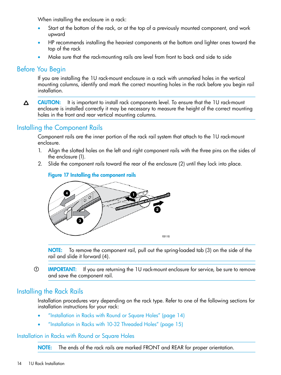 Before you begin, Installing the component rails, Installing the rack rails | Installation in racks with round or square holes | HP StoreEver Rack-mount Kits User Manual | Page 14 / 25