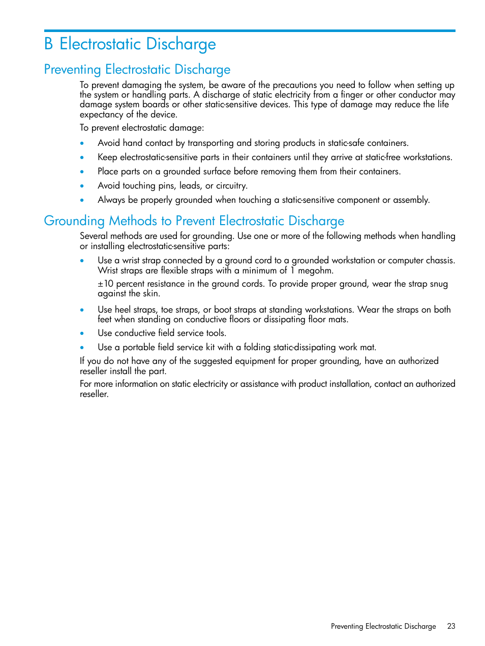 B electrostatic discharge, Preventing electrostatic discharge | HP StoreEver Rack-mount Kits User Manual | Page 23 / 25