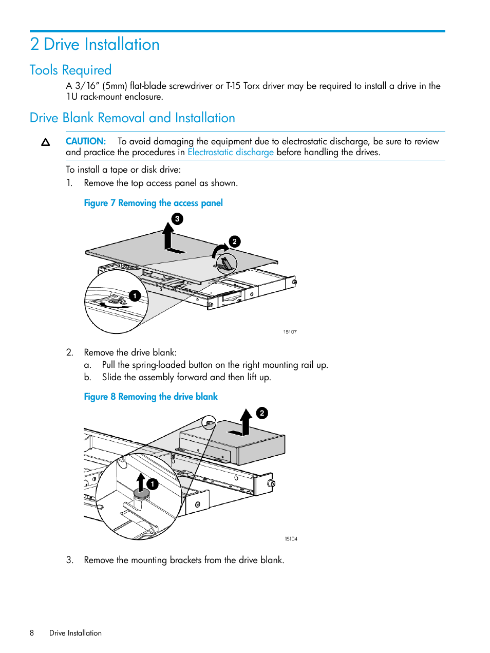 2 drive installation, Tools required, Drive blank removal and installation | HP StoreEver Rack-mount Kits User Manual | Page 8 / 25