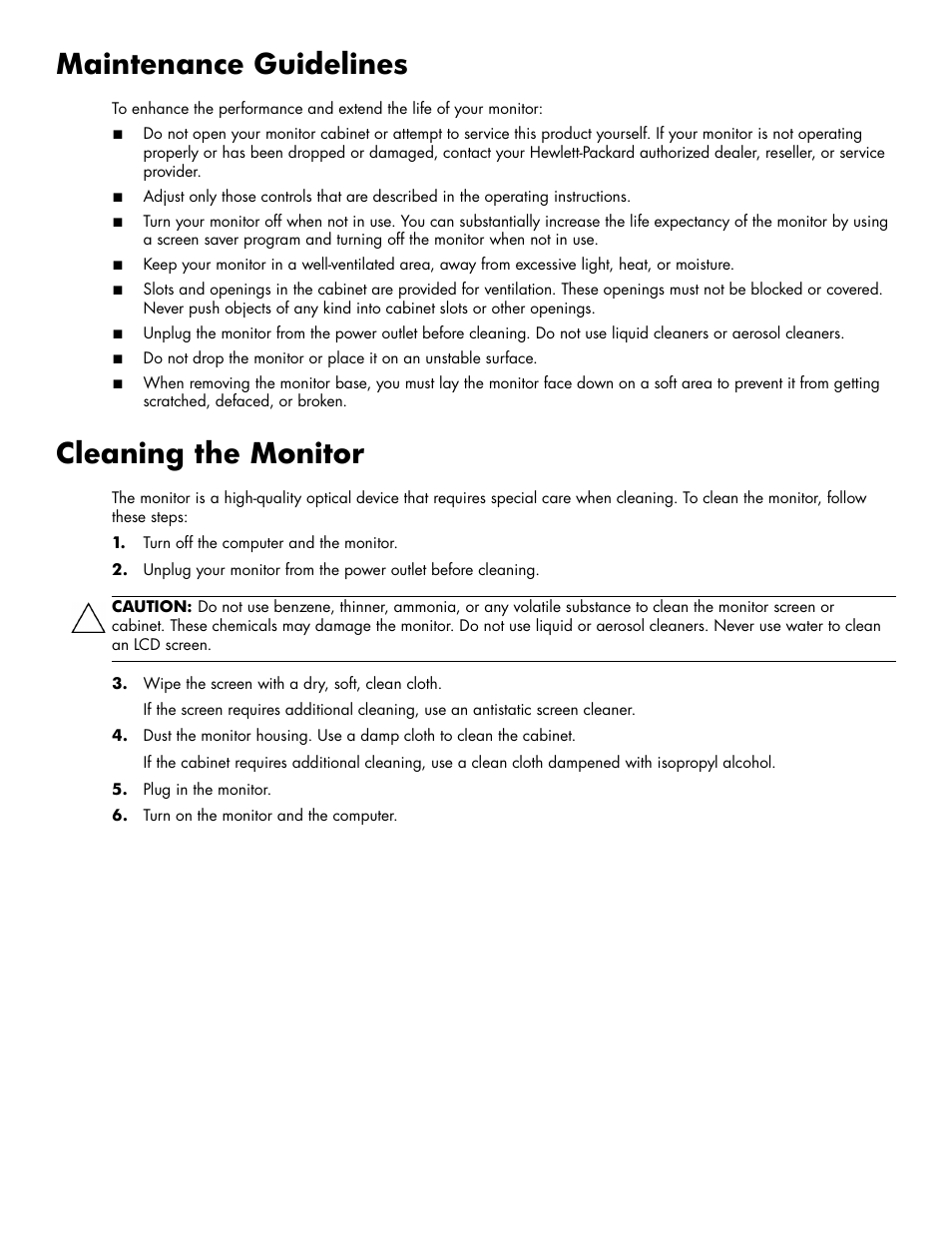 Maintenance guidelines, Cleaning the monitor, Maintenance guidelines –2 cleaning the monitor –2 | HP 2009m 20-inch Diagonal HD Ready LCD Monitor User Manual | Page 10 / 48