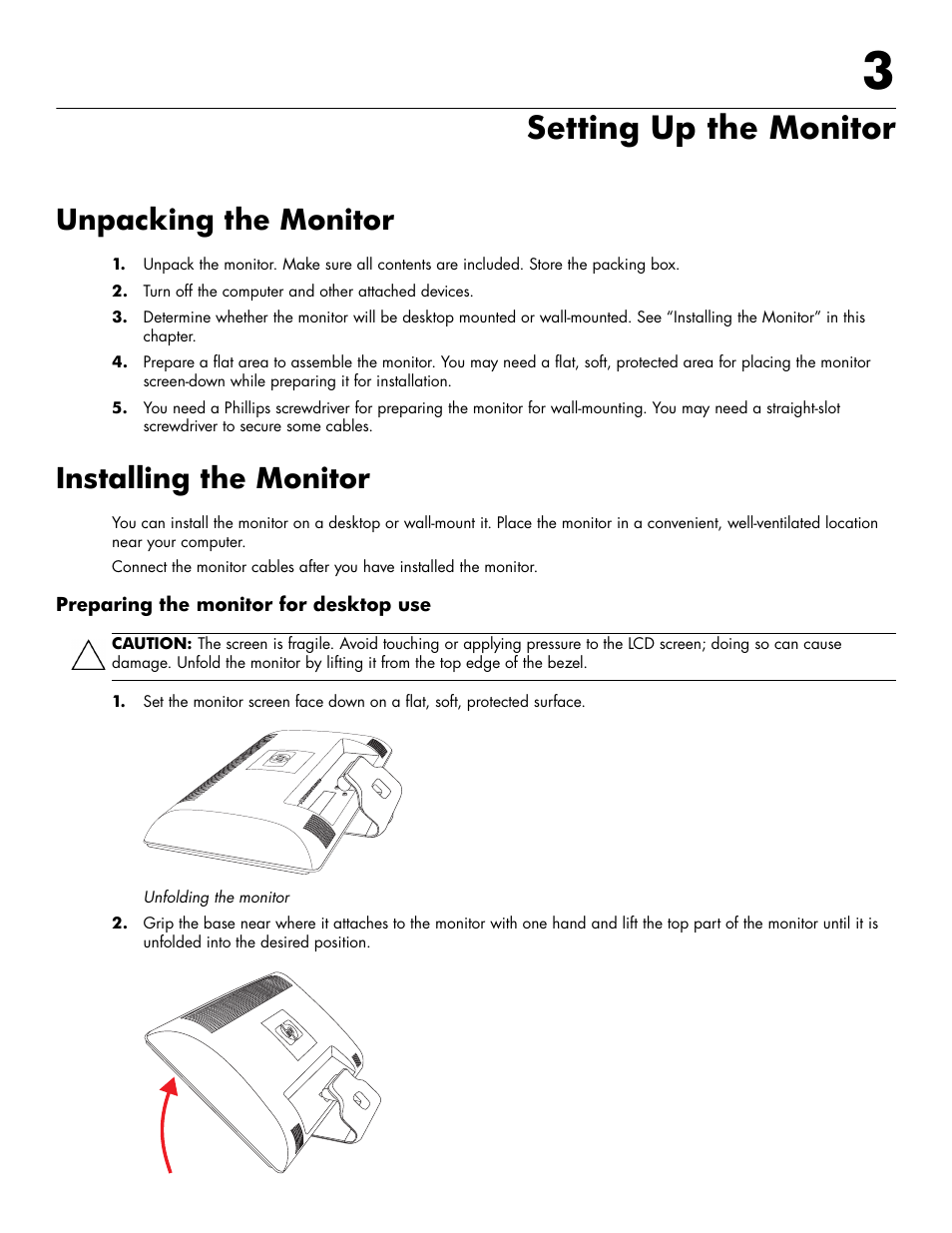 Setting up the monitor, Unpacking the monitor, Installing the monitor | Preparing the monitor for desktop use, 3 setting up the monitor, Unpacking the monitor –1 installing the monitor –1, Preparing the monitor for desktop use –1 | HP 2009m 20-inch Diagonal HD Ready LCD Monitor User Manual | Page 11 / 48