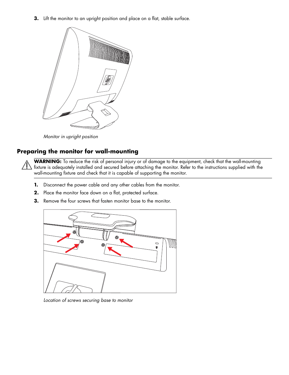 Preparing the monitor for wall-mounting, Preparing the monitor for wall-mounting –2 | HP 2009m 20-inch Diagonal HD Ready LCD Monitor User Manual | Page 12 / 48