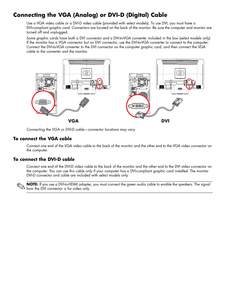 To connect the vga cable, To connect the dvid cable | HP 2009m 20-inch Diagonal HD Ready LCD Monitor User Manual | Page 15 / 48