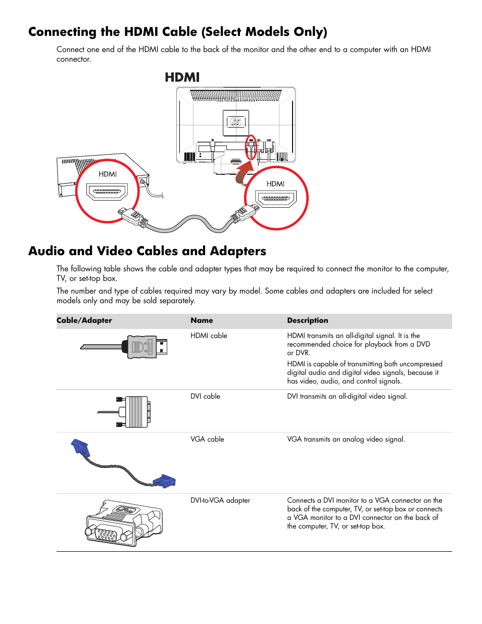 Connecting the hdmi cable (select models only), Audio and video cables and adapters | HP 2009m 20-inch Diagonal HD Ready LCD Monitor User Manual | Page 16 / 48