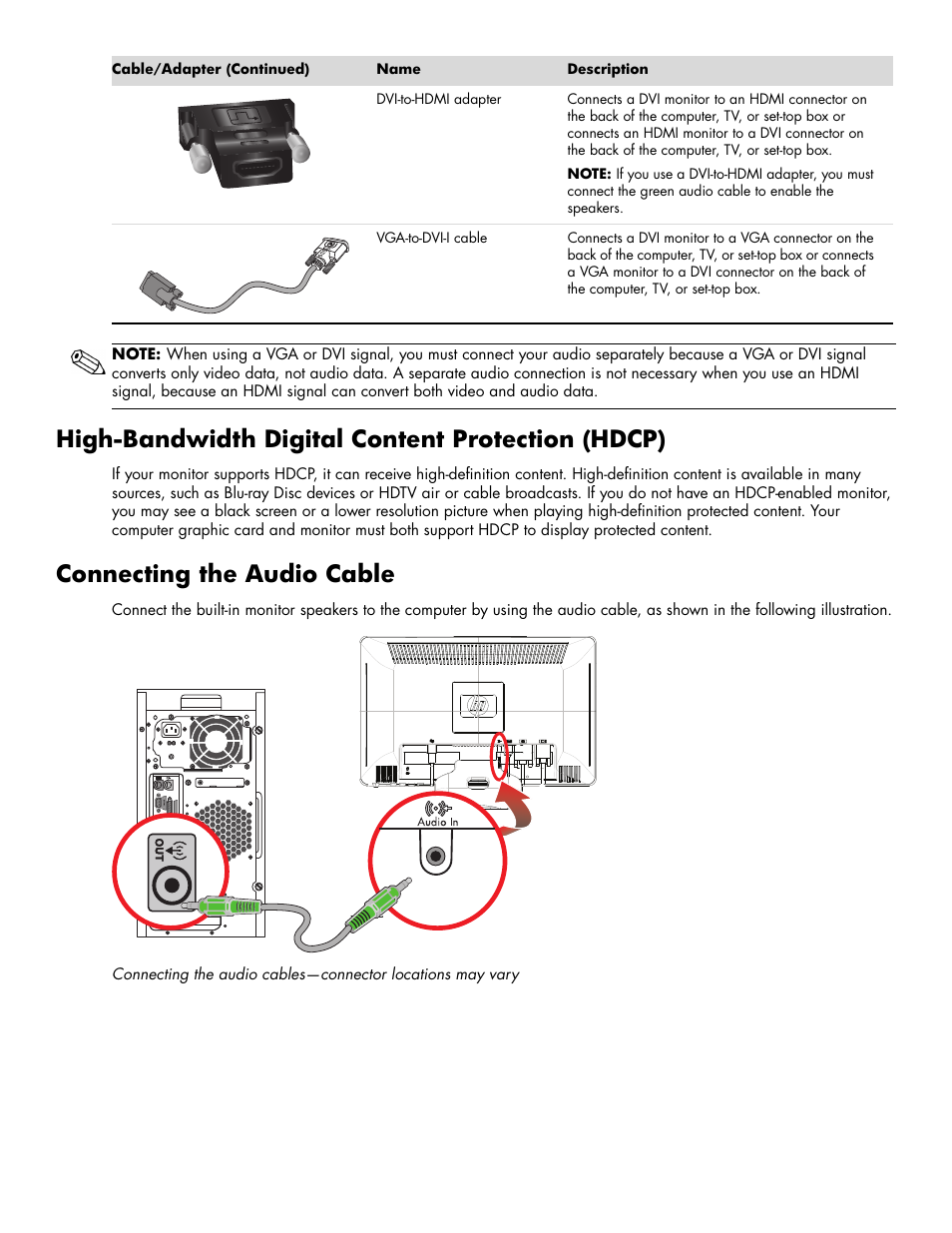 Highbandwidth digital content protection (hdcp), Connecting the audio cable, High-bandwidth digital content protection (hdcp) | HP 2009m 20-inch Diagonal HD Ready LCD Monitor User Manual | Page 17 / 48