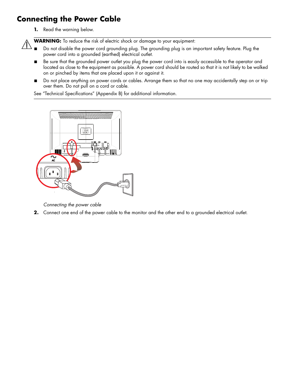 Connecting the power cable, Connecting the power cable –8 | HP 2009m 20-inch Diagonal HD Ready LCD Monitor User Manual | Page 18 / 48