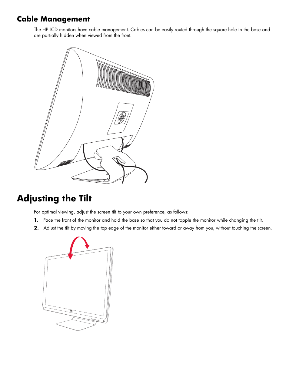 Cable management, Adjusting the tilt, Cable management –9 | Adjusting the tilt –9 | HP 2009m 20-inch Diagonal HD Ready LCD Monitor User Manual | Page 19 / 48