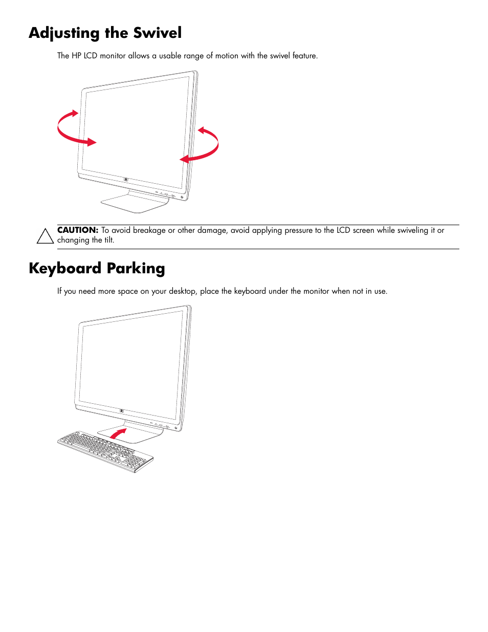 Adjusting the swivel, Keyboard parking, Adjusting the swivel –10 keyboard parking –10 | HP 2009m 20-inch Diagonal HD Ready LCD Monitor User Manual | Page 20 / 48