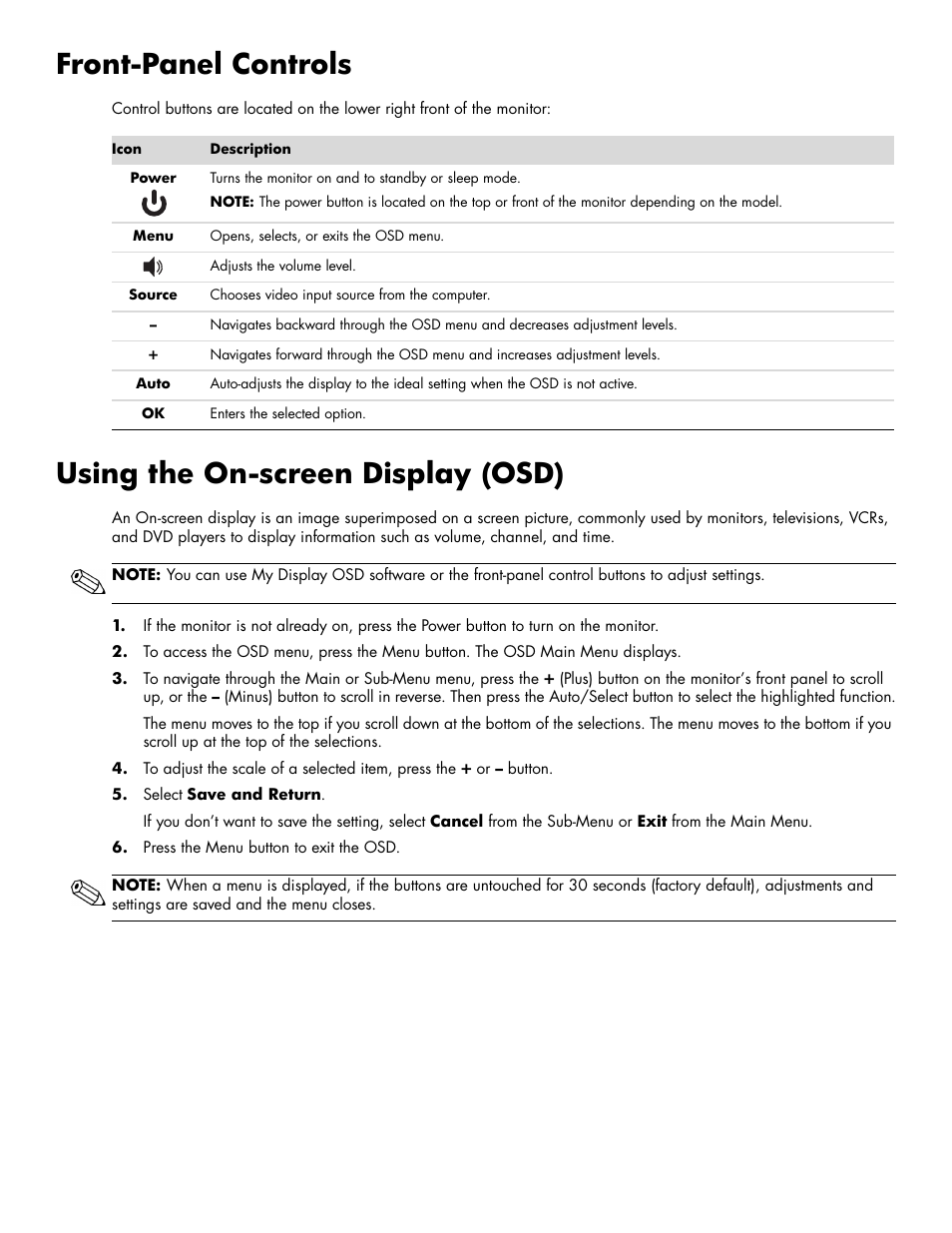 Frontpanel controls, Using the on-screen display (osd), Front-panel controls | HP 2009m 20-inch Diagonal HD Ready LCD Monitor User Manual | Page 23 / 48