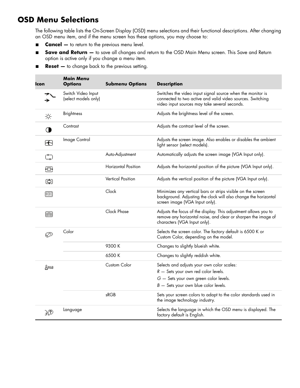 Osd menu selections, Osd menu selections –4 | HP 2009m 20-inch Diagonal HD Ready LCD Monitor User Manual | Page 24 / 48