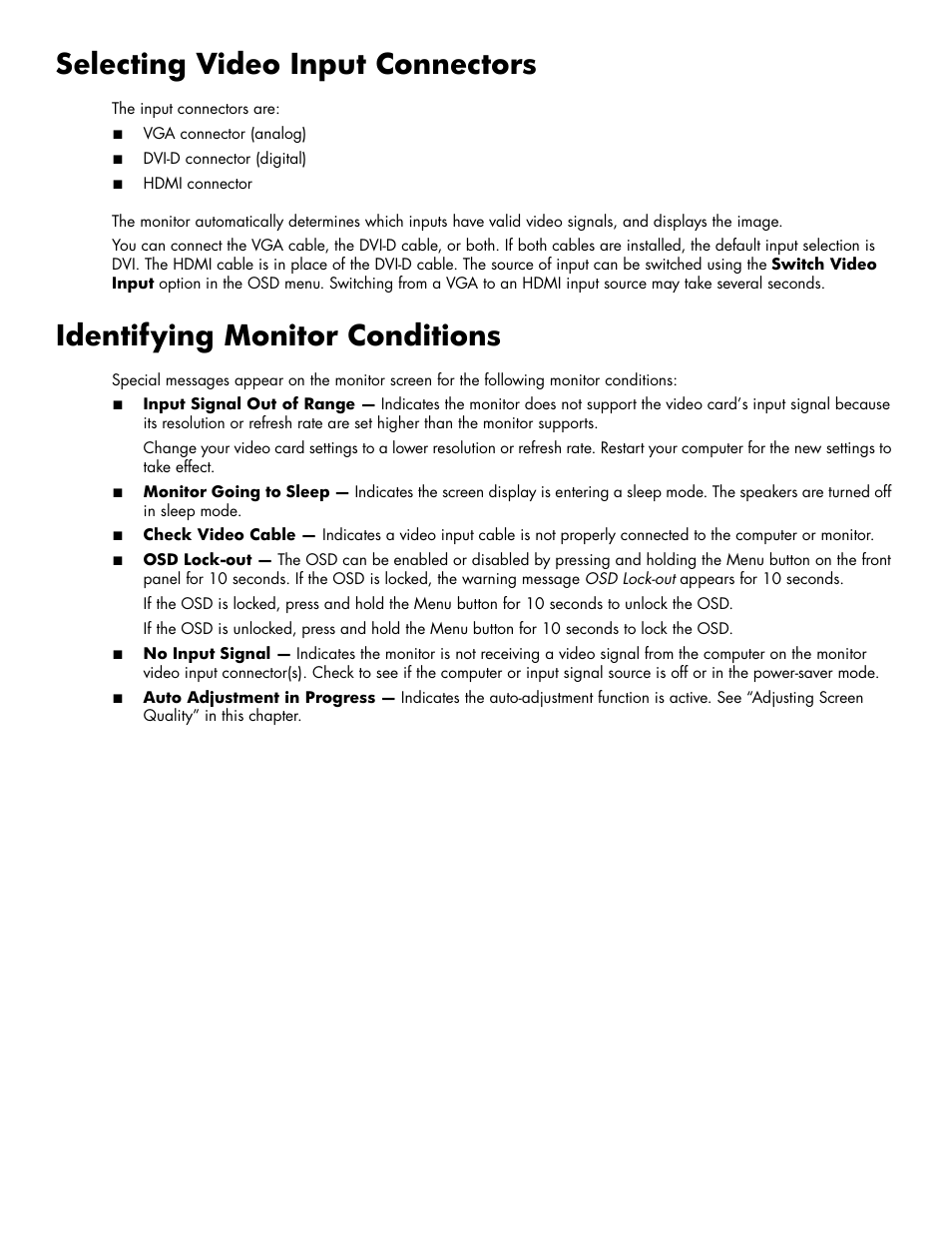 Selecting video input connectors, Identifying monitor conditions | HP 2009m 20-inch Diagonal HD Ready LCD Monitor User Manual | Page 27 / 48