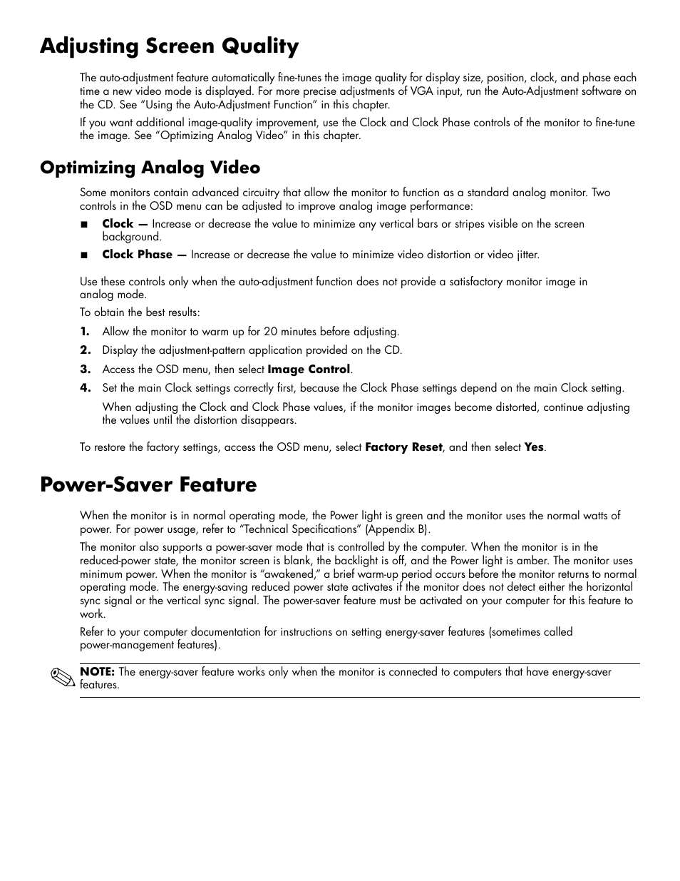 Adjusting screen quality, Optimizing analog video, Powersaver feature | Adjusting screen quality –8, Optimizing analog video –8, Power-saver feature –8, Power-saver feature | HP 2009m 20-inch Diagonal HD Ready LCD Monitor User Manual | Page 28 / 48