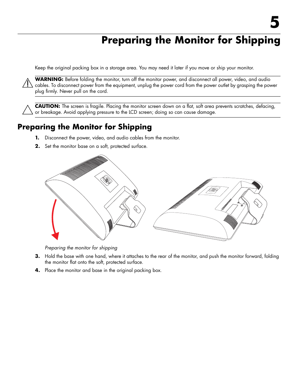 Preparing the monitor for shipping, 5 preparing the monitor for shipping, Preparing the monitor for shipping –1 | HP 2009m 20-inch Diagonal HD Ready LCD Monitor User Manual | Page 29 / 48