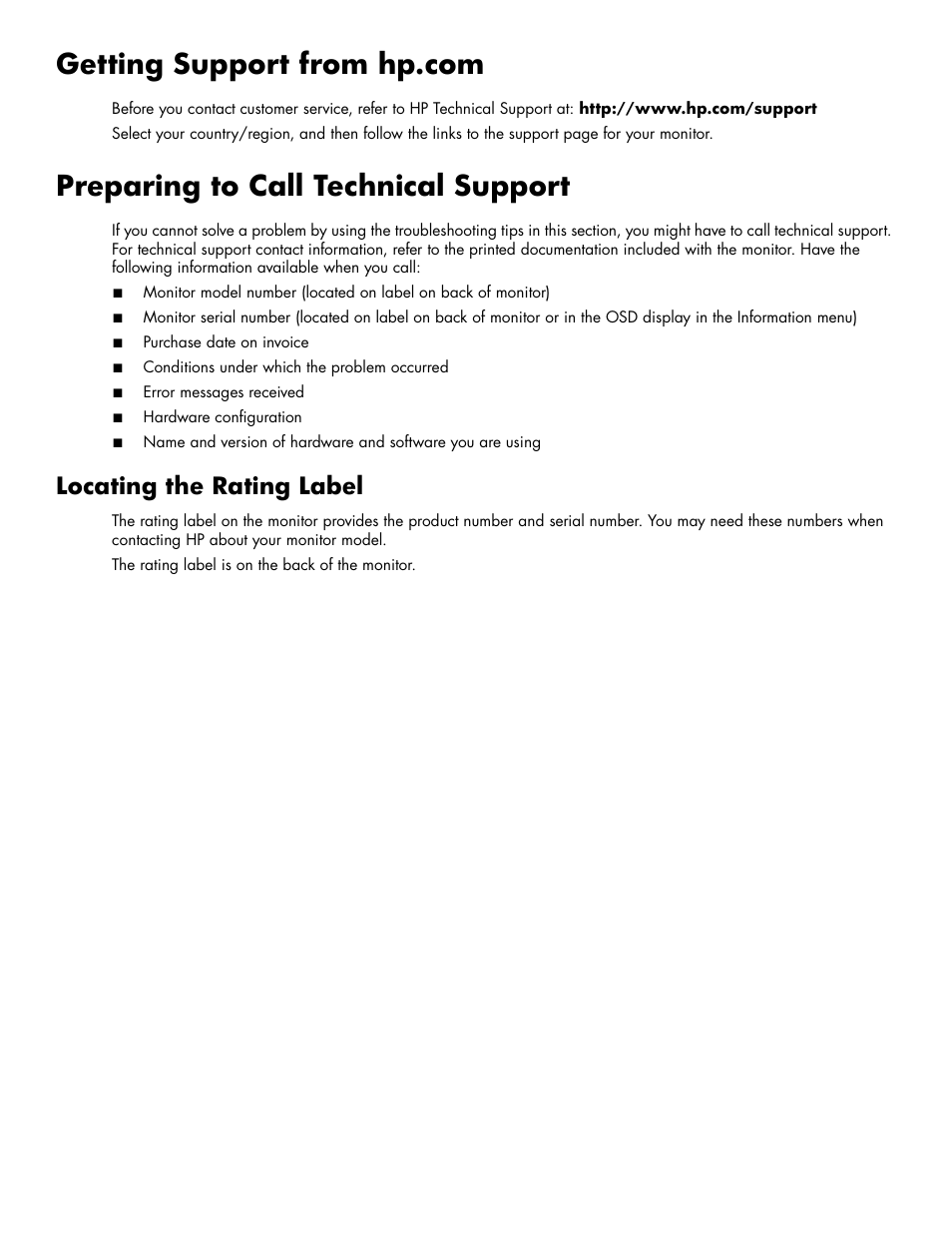 Getting support from hp.com, Preparing to call technical support, Locating the rating label | HP 2009m 20-inch Diagonal HD Ready LCD Monitor User Manual | Page 33 / 48