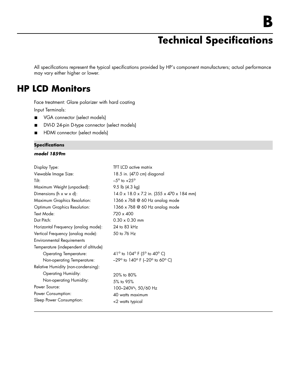 Technical specifications, Hp lcd monitors, B technical specifications | HP 2009m 20-inch Diagonal HD Ready LCD Monitor User Manual | Page 35 / 48