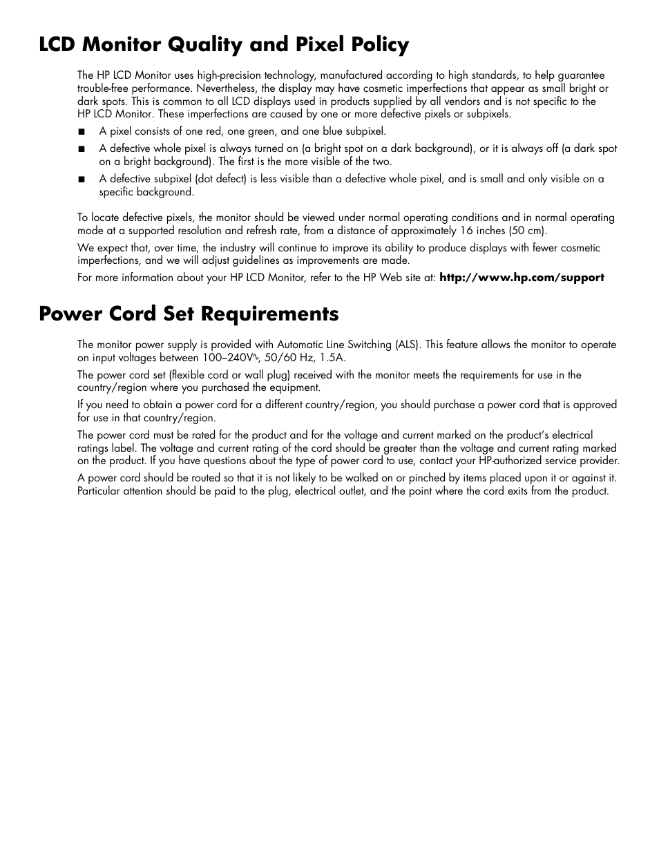 Lcd monitor quality and pixel policy, Power cord set requirements | HP 2009m 20-inch Diagonal HD Ready LCD Monitor User Manual | Page 40 / 48