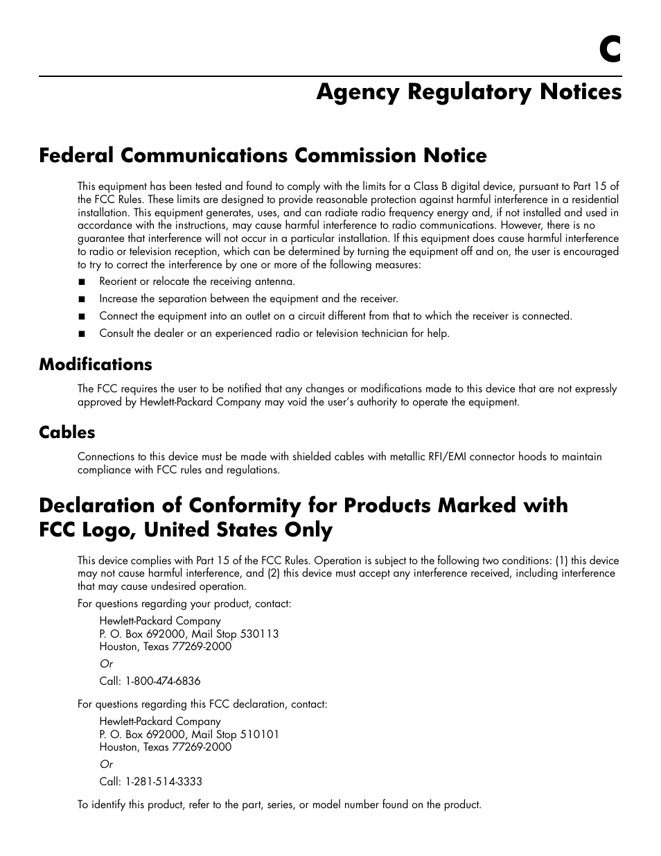 Agency regulatory notices, Federal communications commission notice, Modifications | Cables, C agency regulatory notices | HP 2009m 20-inch Diagonal HD Ready LCD Monitor User Manual | Page 41 / 48