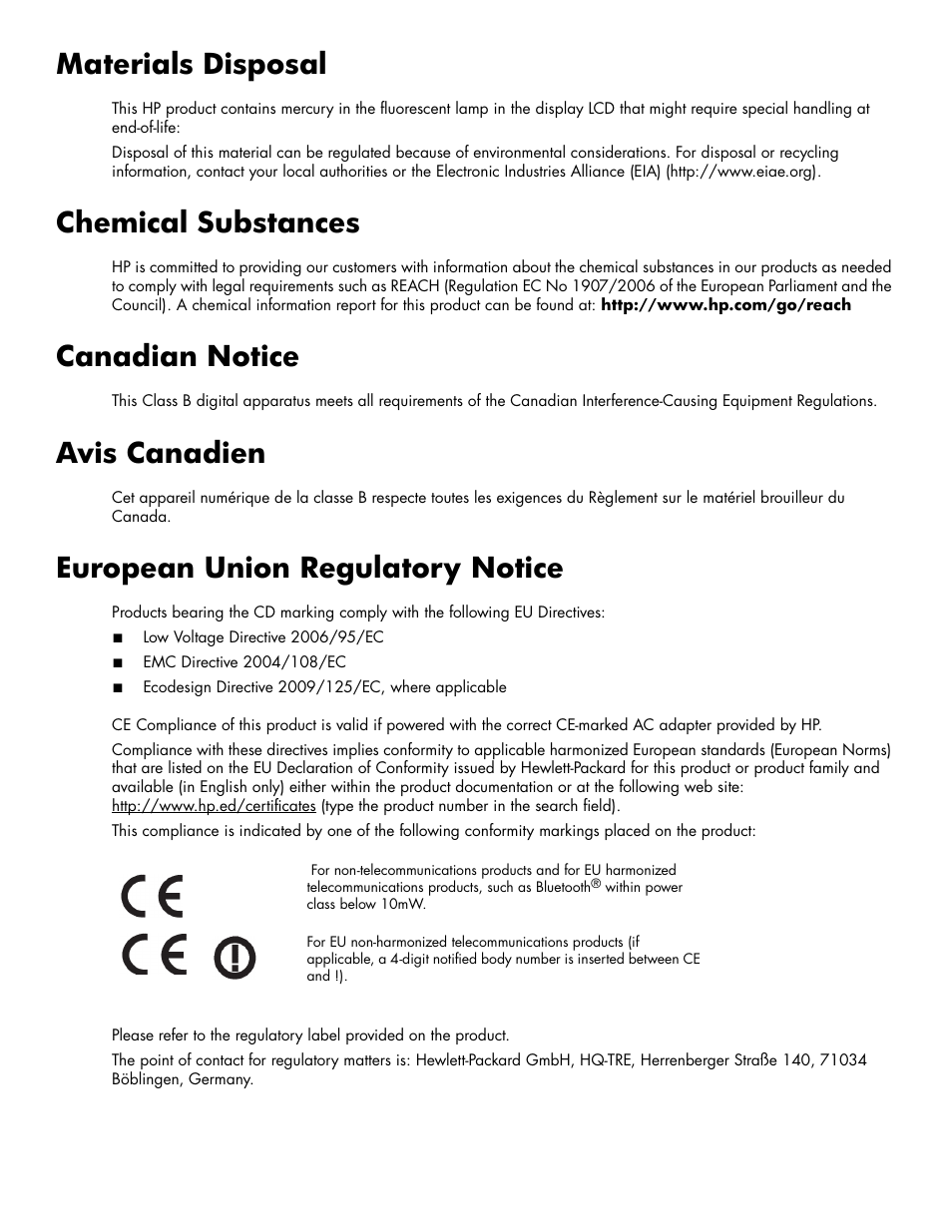 Materials disposal, Chemical substances, Canadian notice | Avis canadien, European union regulatory notice | HP 2009m 20-inch Diagonal HD Ready LCD Monitor User Manual | Page 42 / 48