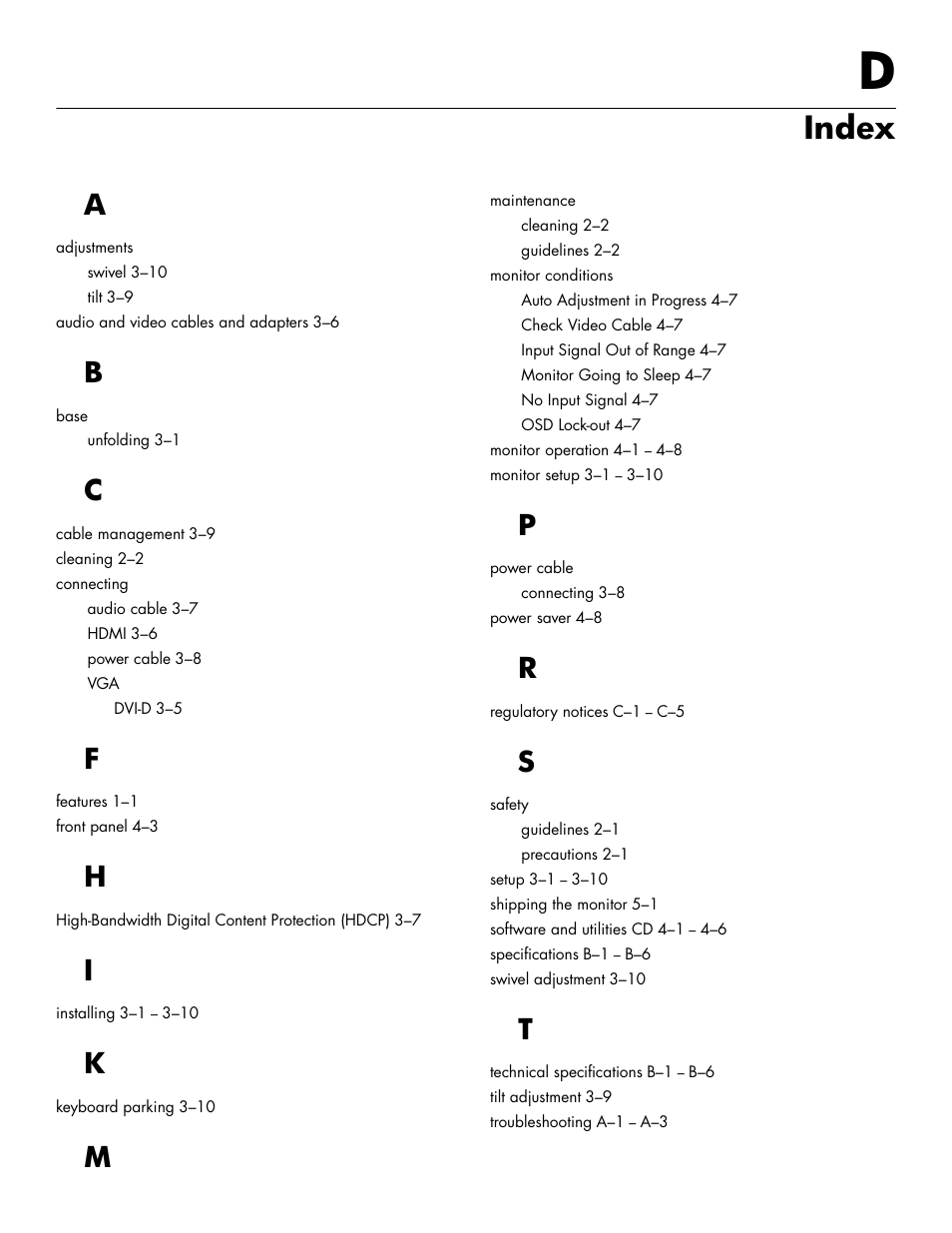 Index, D index | HP 2009m 20-inch Diagonal HD Ready LCD Monitor User Manual | Page 47 / 48