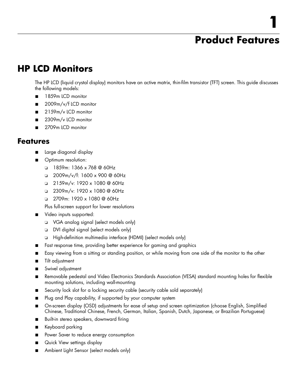 Product features, Hp lcd monitors, Features | 1 product features, Hp lcd monitors –1, Features –1 | HP 2009m 20-inch Diagonal HD Ready LCD Monitor User Manual | Page 7 / 48