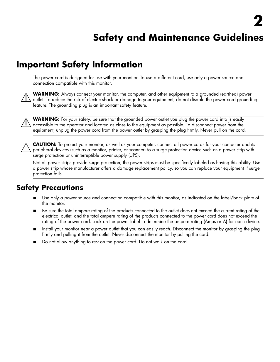 Safety and maintenance guidelines, Important safety information, Safety precautions | 2 safety and maintenance guidelines, Important safety information –1, Safety precautions –1 | HP 2009m 20-inch Diagonal HD Ready LCD Monitor User Manual | Page 9 / 48