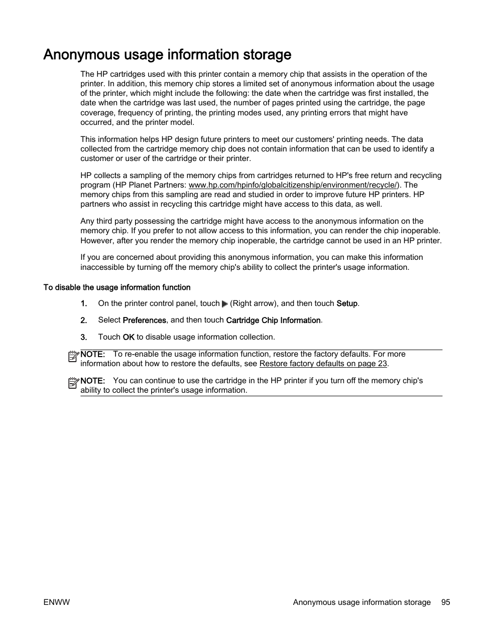 Anonymous usage information storage | HP Officejet 7612 Wide Format e-All-in-One User Manual | Page 112 / 317