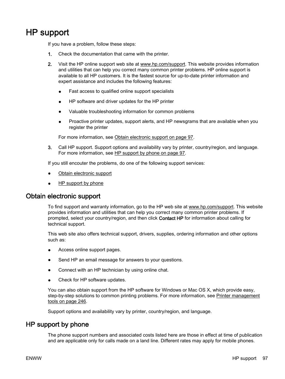 Hp support, Obtain electronic support, Hp support by phone | Obtain electronic support hp support by phone | HP Officejet 7612 Wide Format e-All-in-One User Manual | Page 114 / 317