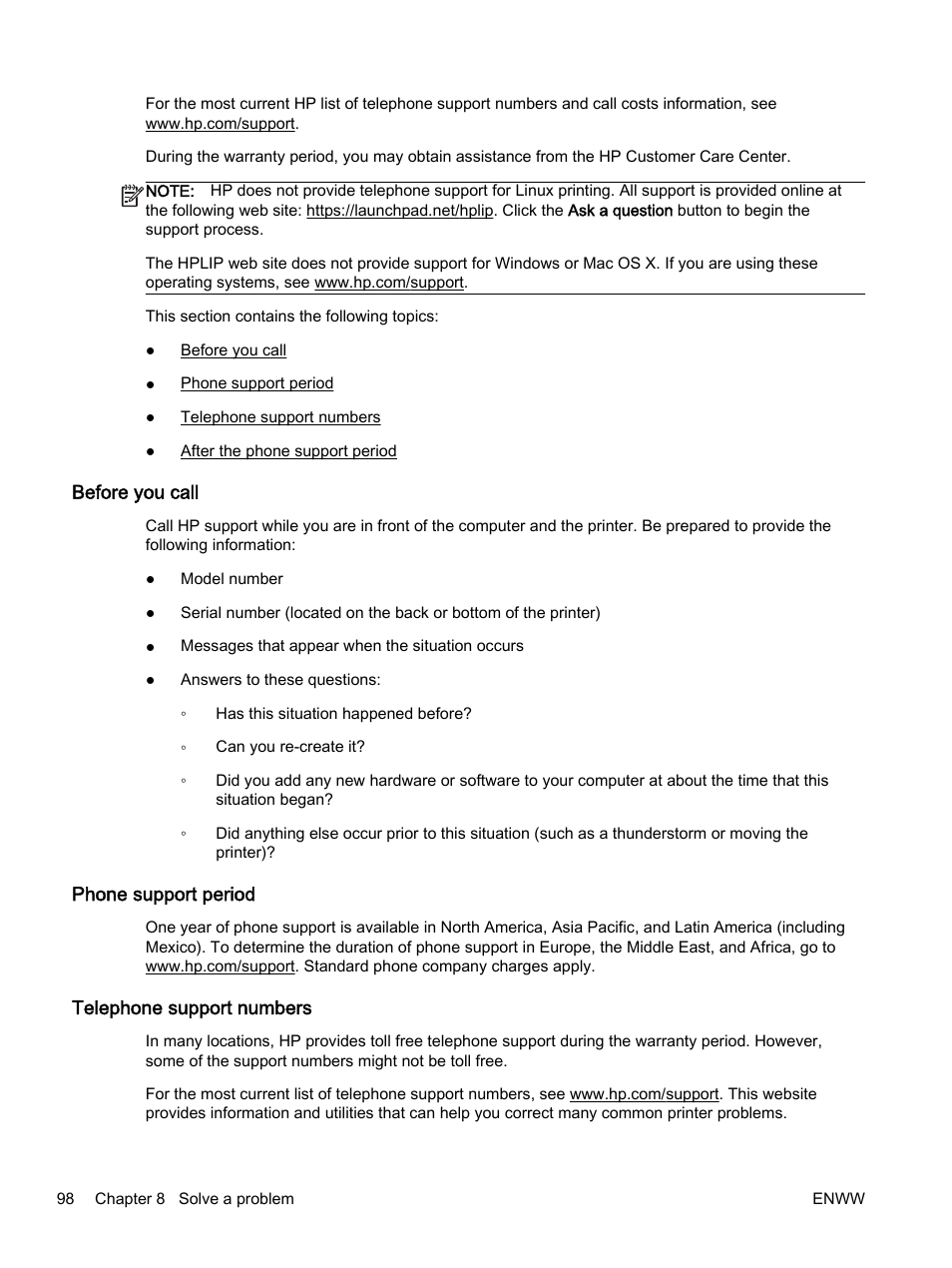 Before you call, Phone support period, Telephone support numbers | HP Officejet 7612 Wide Format e-All-in-One User Manual | Page 115 / 317