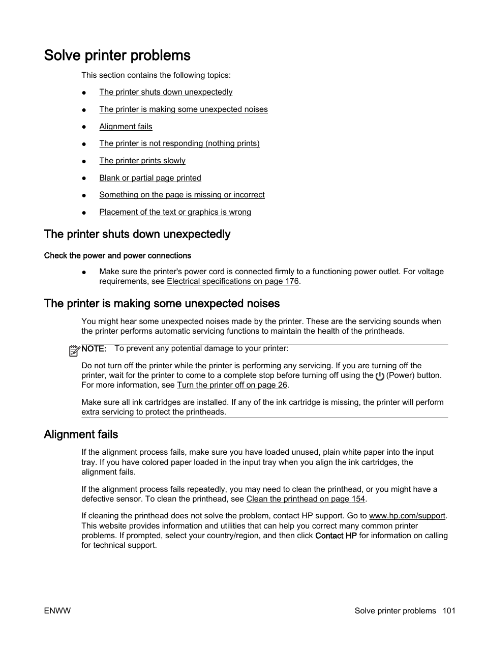 Solve printer problems, The printer shuts down unexpectedly, The printer is making some unexpected noises | Alignment fails | HP Officejet 7612 Wide Format e-All-in-One User Manual | Page 118 / 317