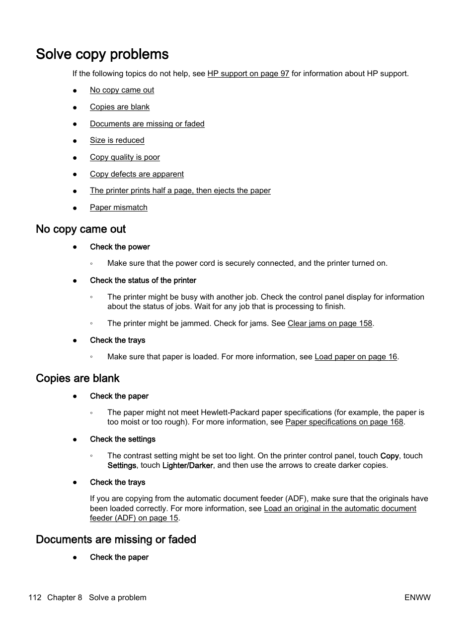 Solve copy problems, No copy came out, Copies are blank | Documents are missing or faded | HP Officejet 7612 Wide Format e-All-in-One User Manual | Page 129 / 317