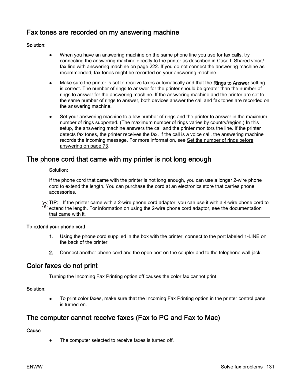 Fax tones are recorded on my answering machine, Color faxes do not print | HP Officejet 7612 Wide Format e-All-in-One User Manual | Page 148 / 317