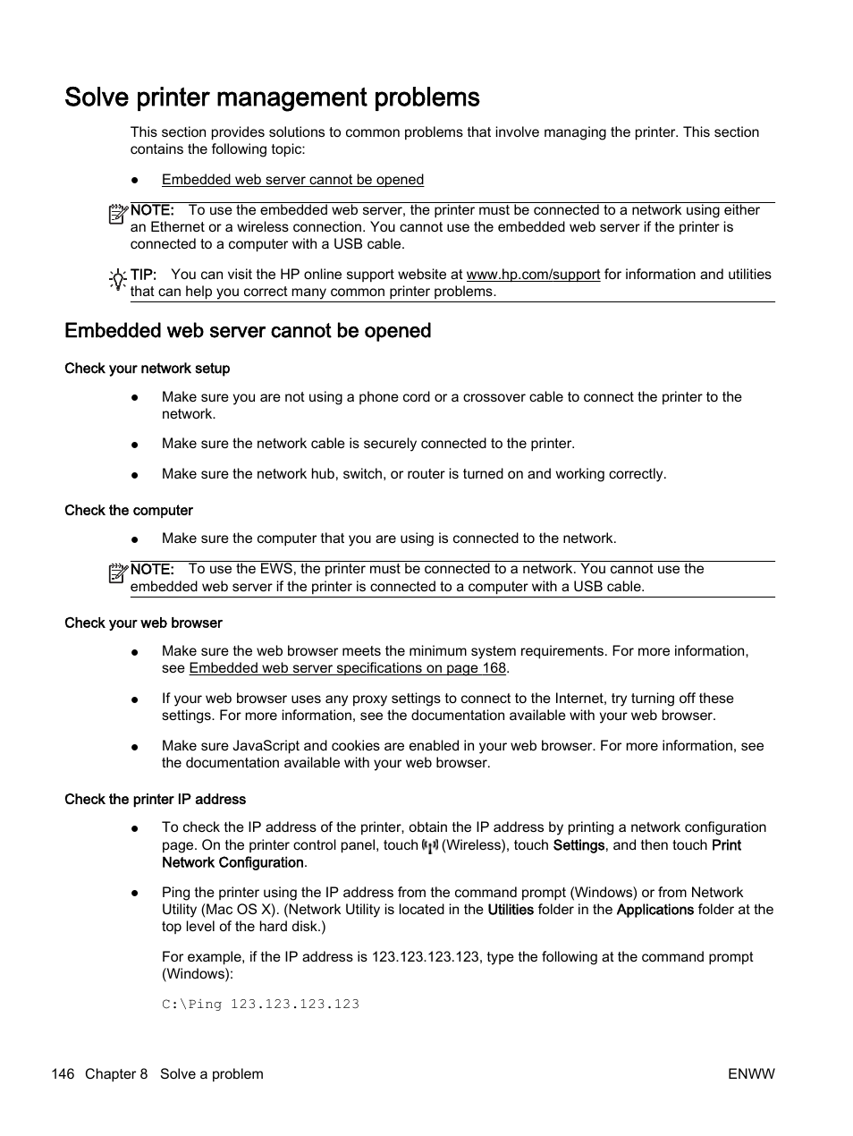 Solve printer management problems, Embedded web server cannot be opened | HP Officejet 7612 Wide Format e-All-in-One User Manual | Page 163 / 317