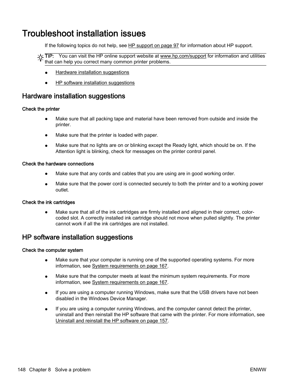 Troubleshoot installation issues, Hardware installation suggestions, Hp software installation suggestions | HP Officejet 7612 Wide Format e-All-in-One User Manual | Page 165 / 317