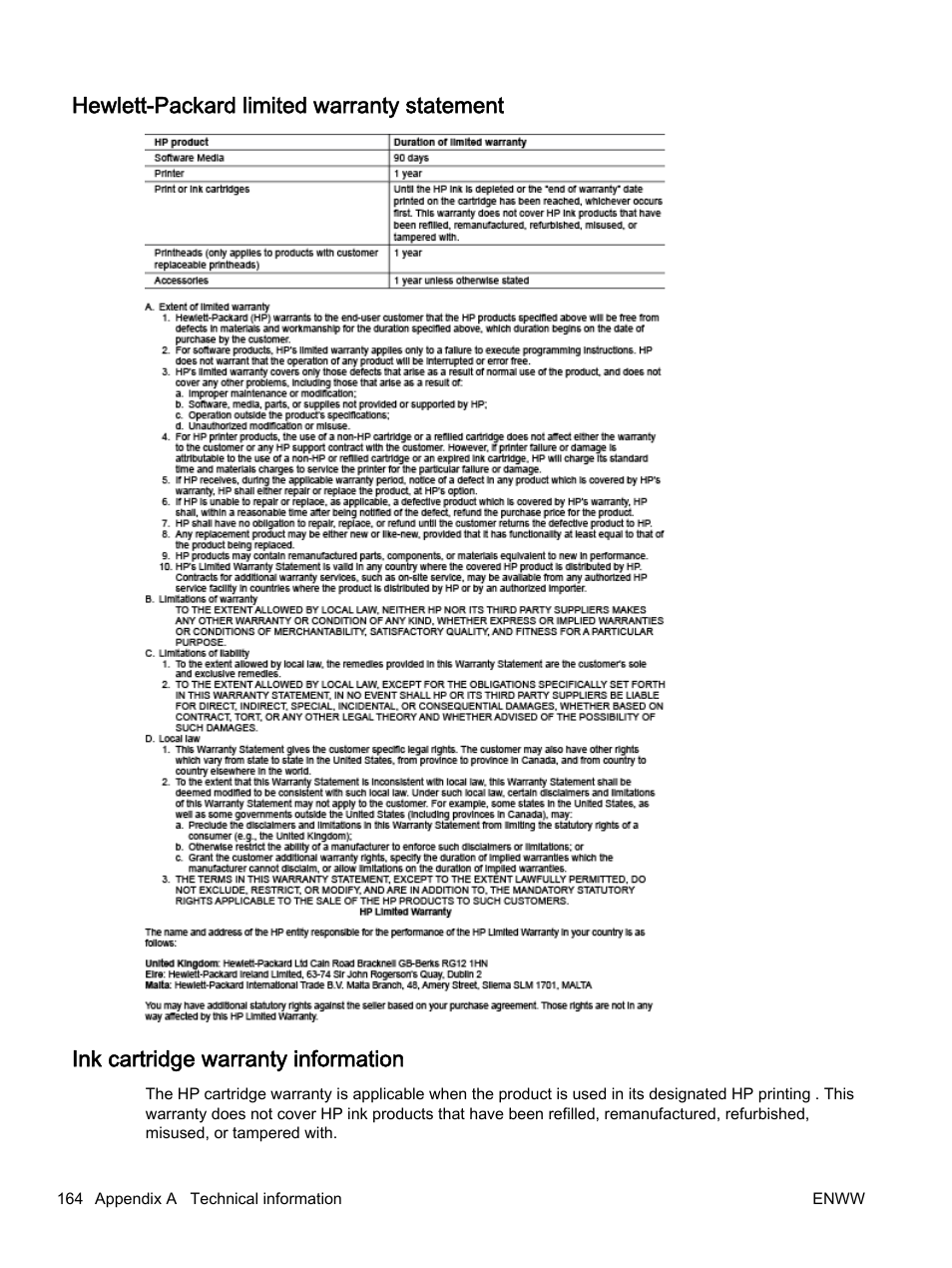 Hewlett-packard limited warranty statement, Ink cartridge warranty information | HP Officejet 7612 Wide Format e-All-in-One User Manual | Page 181 / 317
