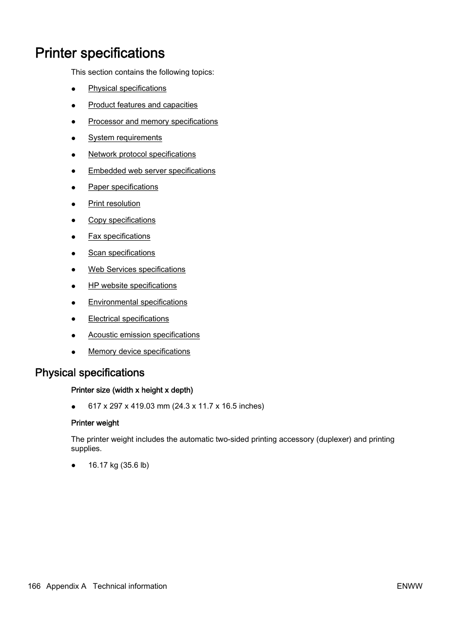Printer specifications, Physical specifications | HP Officejet 7612 Wide Format e-All-in-One User Manual | Page 183 / 317