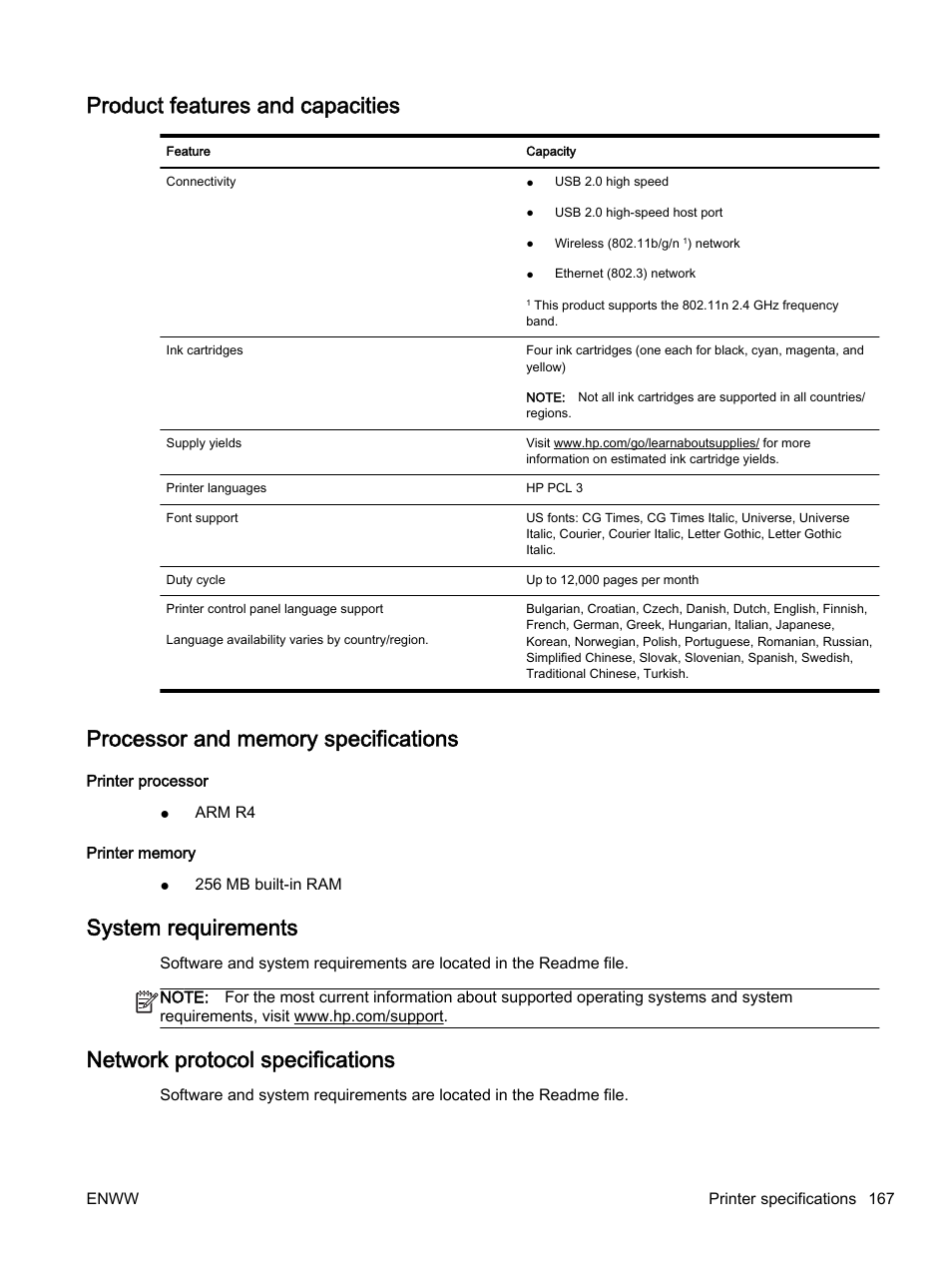 Product features and capacities, Processor and memory specifications, System requirements | Network protocol specifications | HP Officejet 7612 Wide Format e-All-in-One User Manual | Page 184 / 317