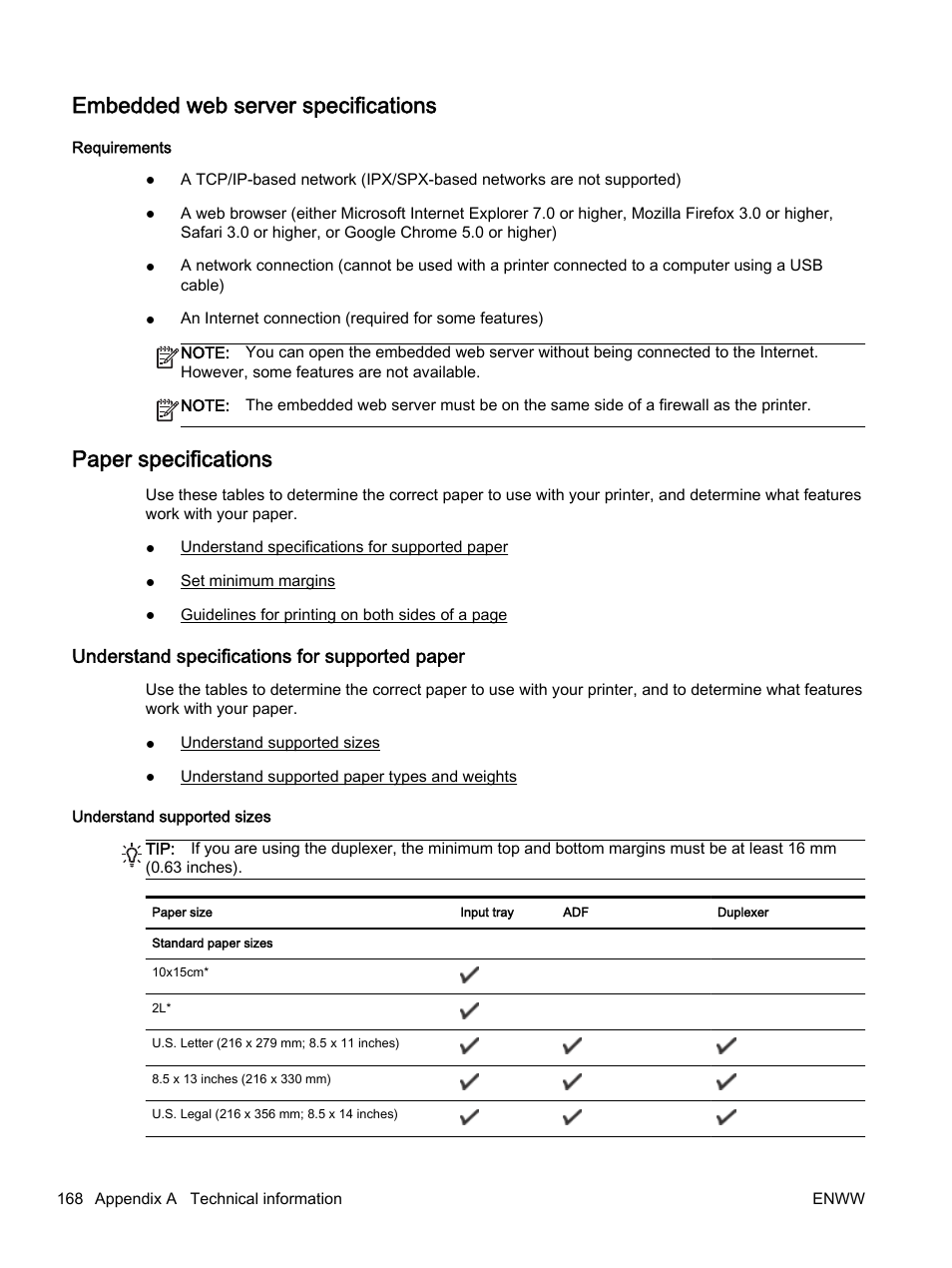 Embedded web server specifications, Paper specifications, Understand specifications for supported paper | Understand supported sizes, Paper, See paper | HP Officejet 7612 Wide Format e-All-in-One User Manual | Page 185 / 317