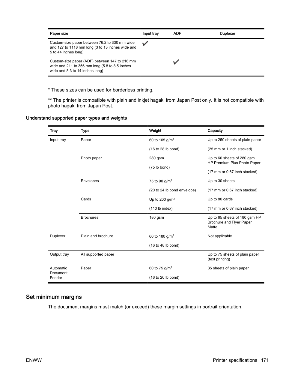 Understand supported paper types and weights, Set minimum margins, See set | HP Officejet 7612 Wide Format e-All-in-One User Manual | Page 188 / 317